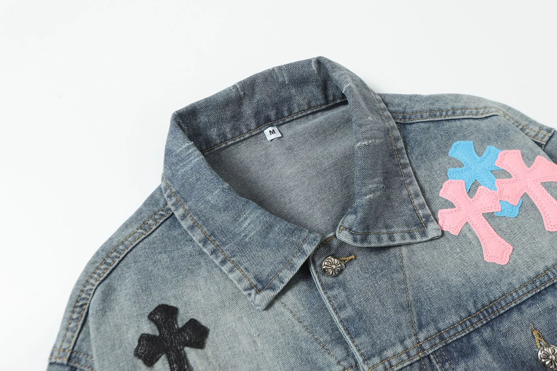 P336 Actual photo [High quality] Coding: M12 Color: Picture color Size: M to XXXL Chrome Hearts Crow heart patchwork leather cross patchwork embroidered shirt denim jacket
